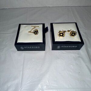 Stafford Essentials Gold & Black Cufflinks & Tie Bar Set